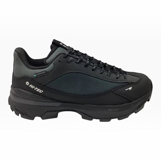 The Shoe Shop Hi-Tec Crest waterproof hiking shoe in black and charcoal with a rugged rubber outsole and padded collar.
