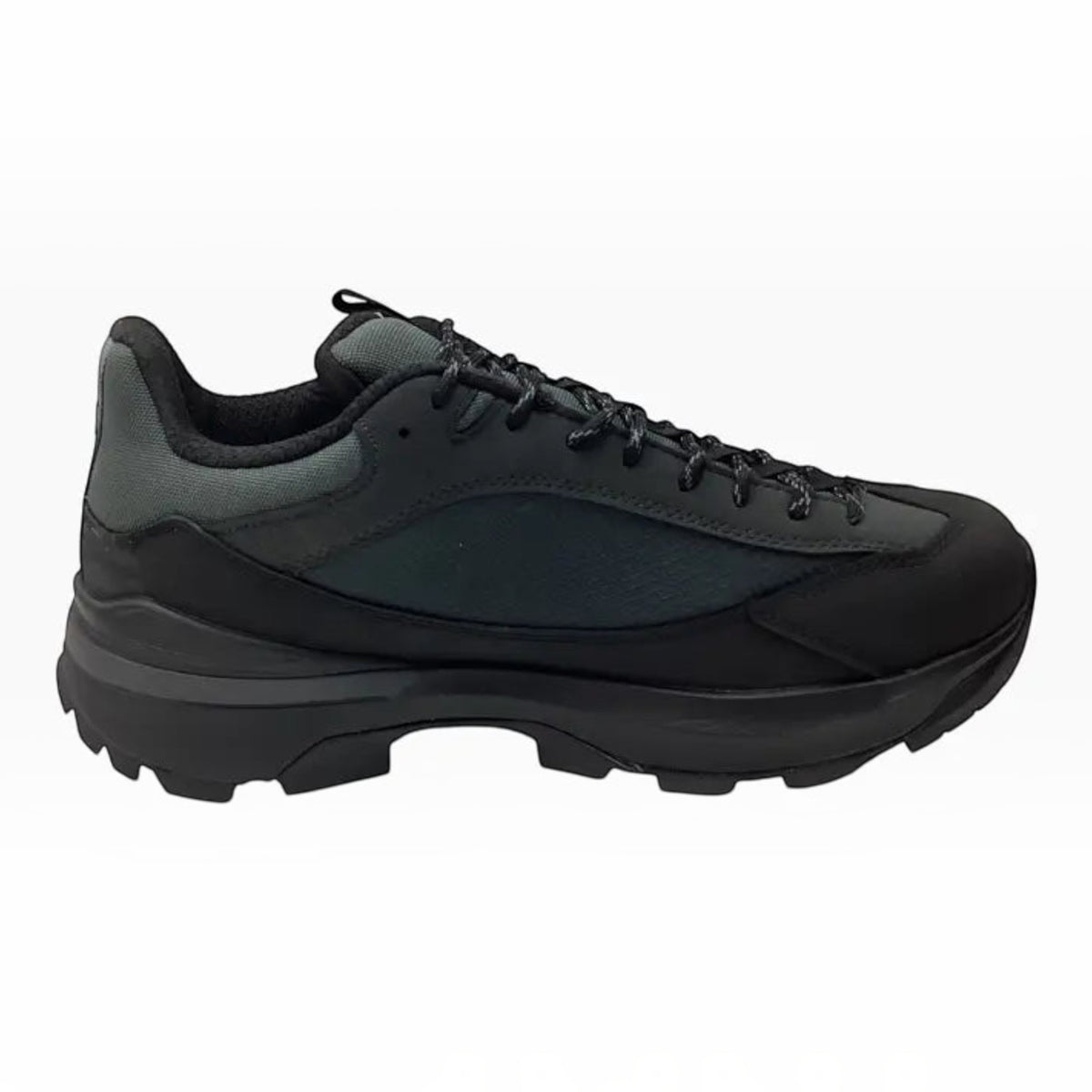 The Shoe Shop Hi-Tec Crest waterproof hiking shoe in black and charcoal with a rugged rubber outsole and padded collar.