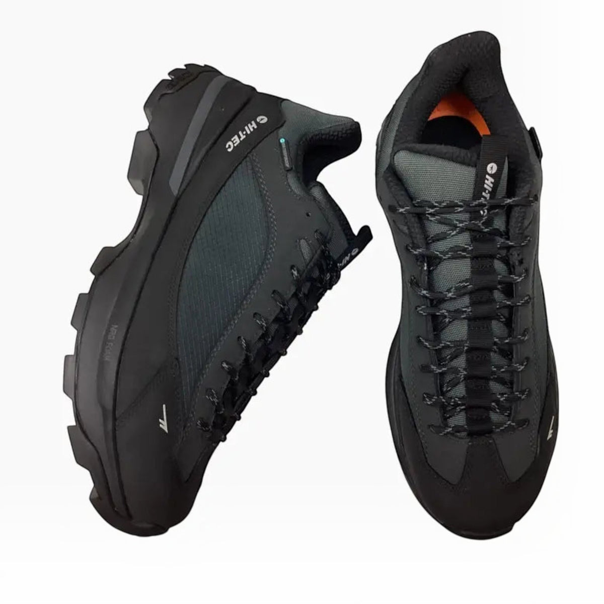 The Shoe Shop Hi-Tec Crest waterproof hiking shoes in black and charcoal with rugged outsoles and lace-up design.