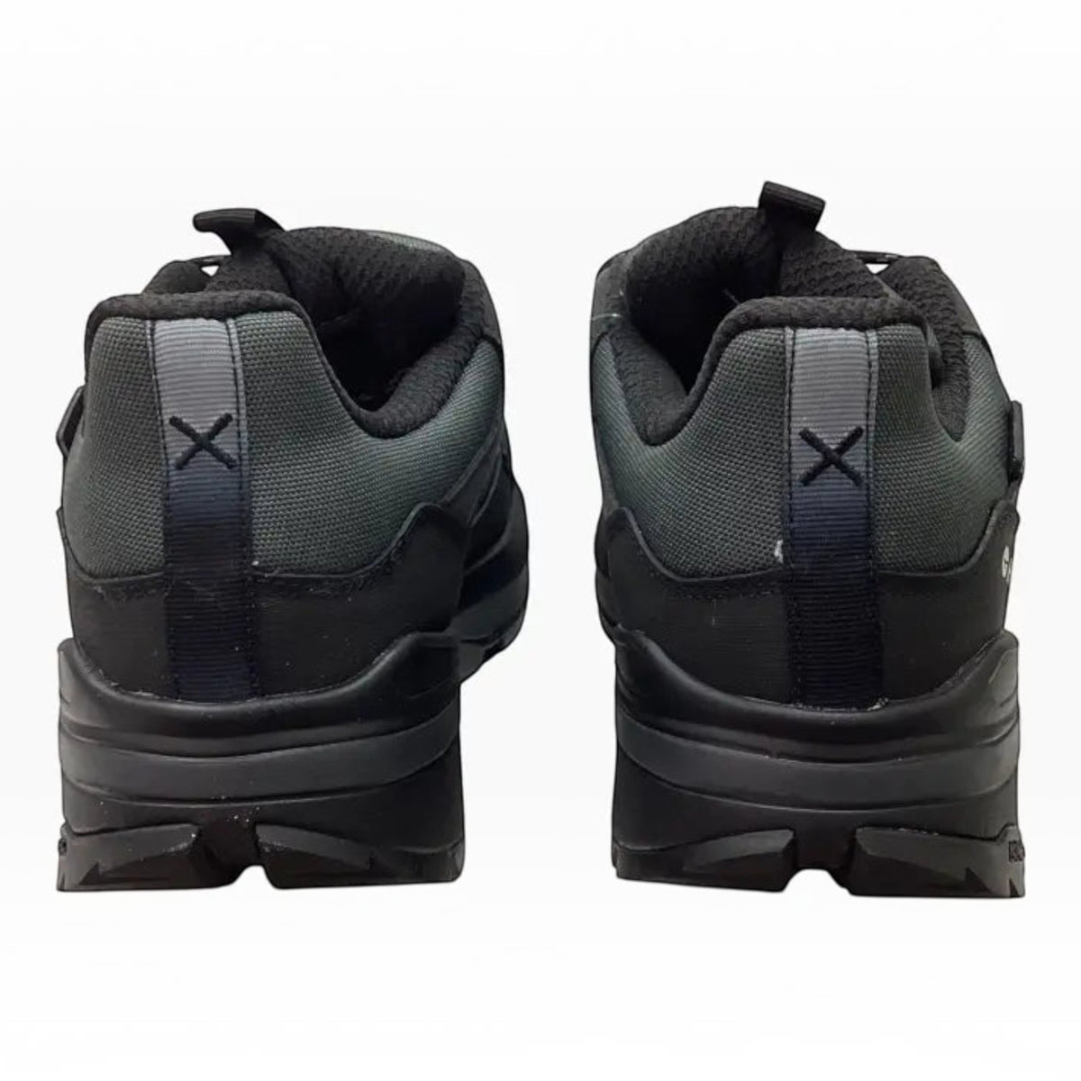 The Shoe Shop Hi-Tec Crest waterproof hiking shoes in black and charcoal, rear view showing padded collars and lugs.