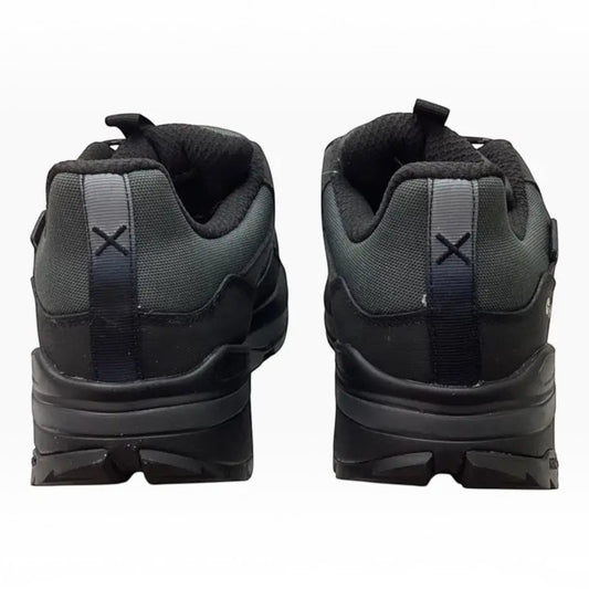 The Shoe Shop Hi-Tec Crest waterproof hiking shoes in black and charcoal, rear view showing padded collars and lugs.