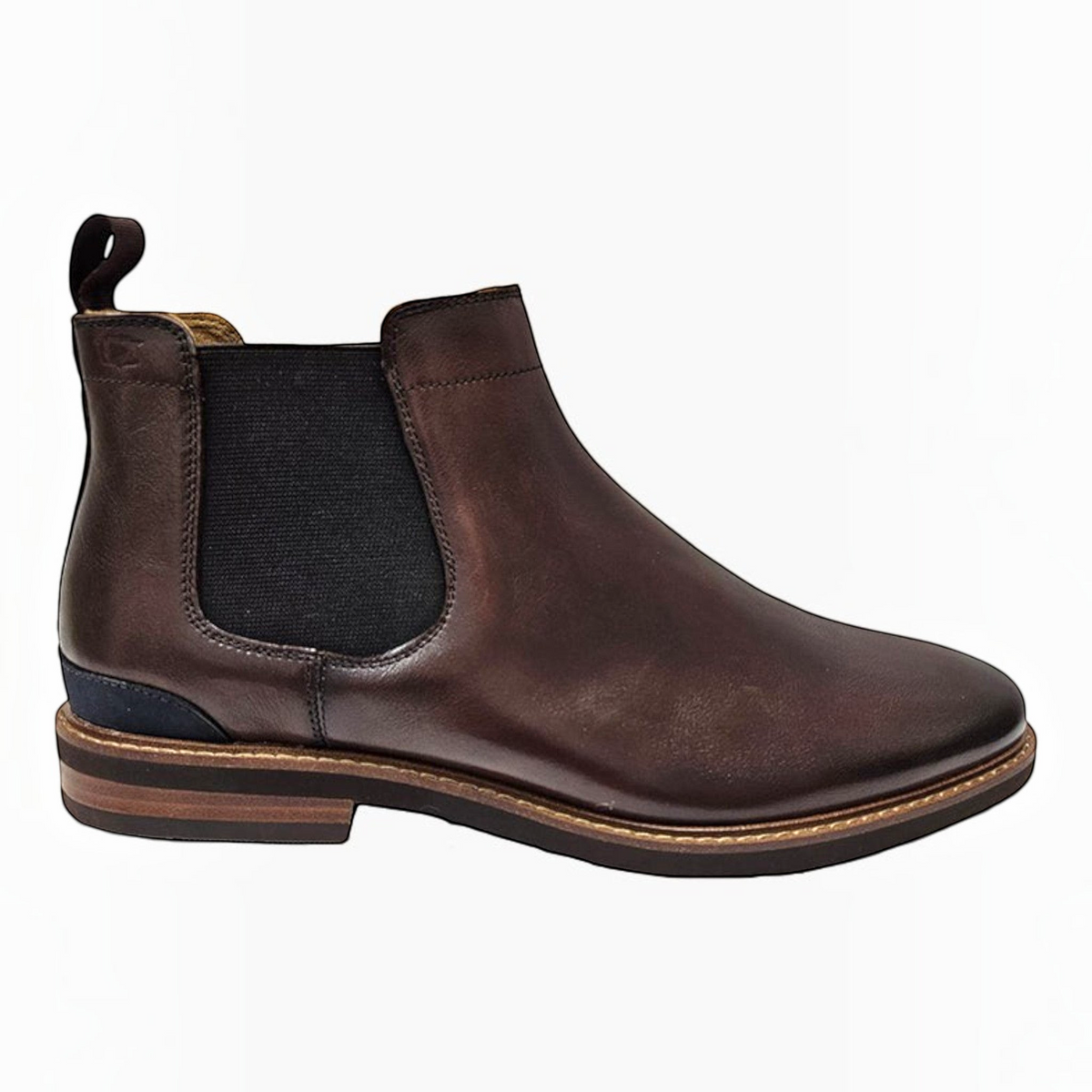 The Shoe Shop Highland Chelsea boot in dark brown leather with elastic side panels and a durable stacked rubber sole.