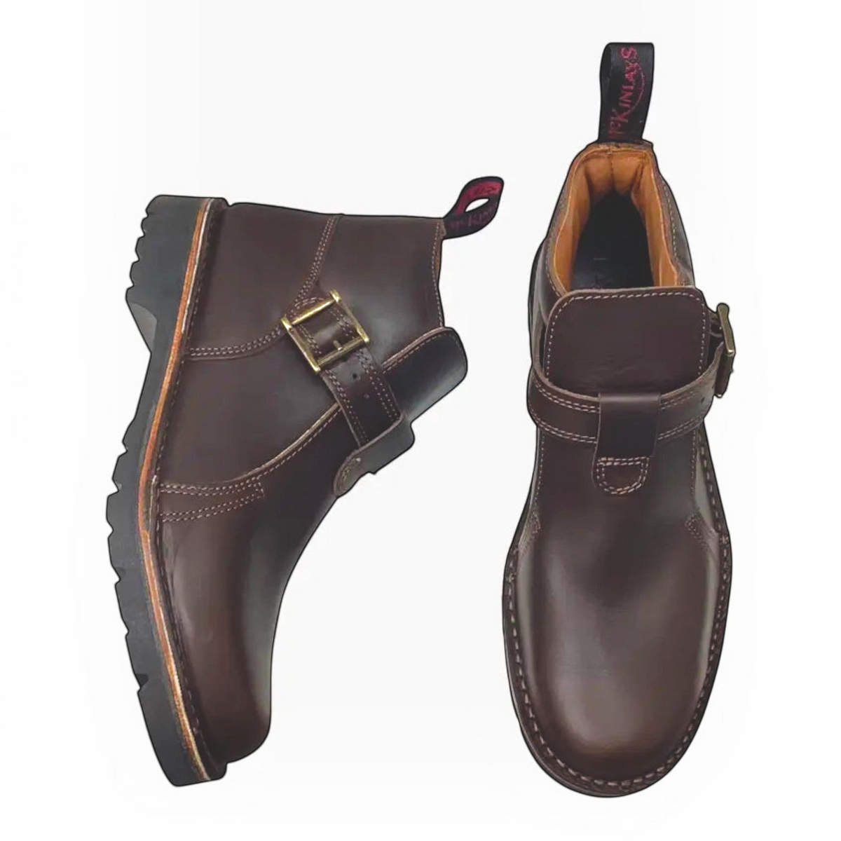 The Shoe Shop Highlander dark brown cowhide stockman boots with a buckled ankle strap and durable rubber sole.