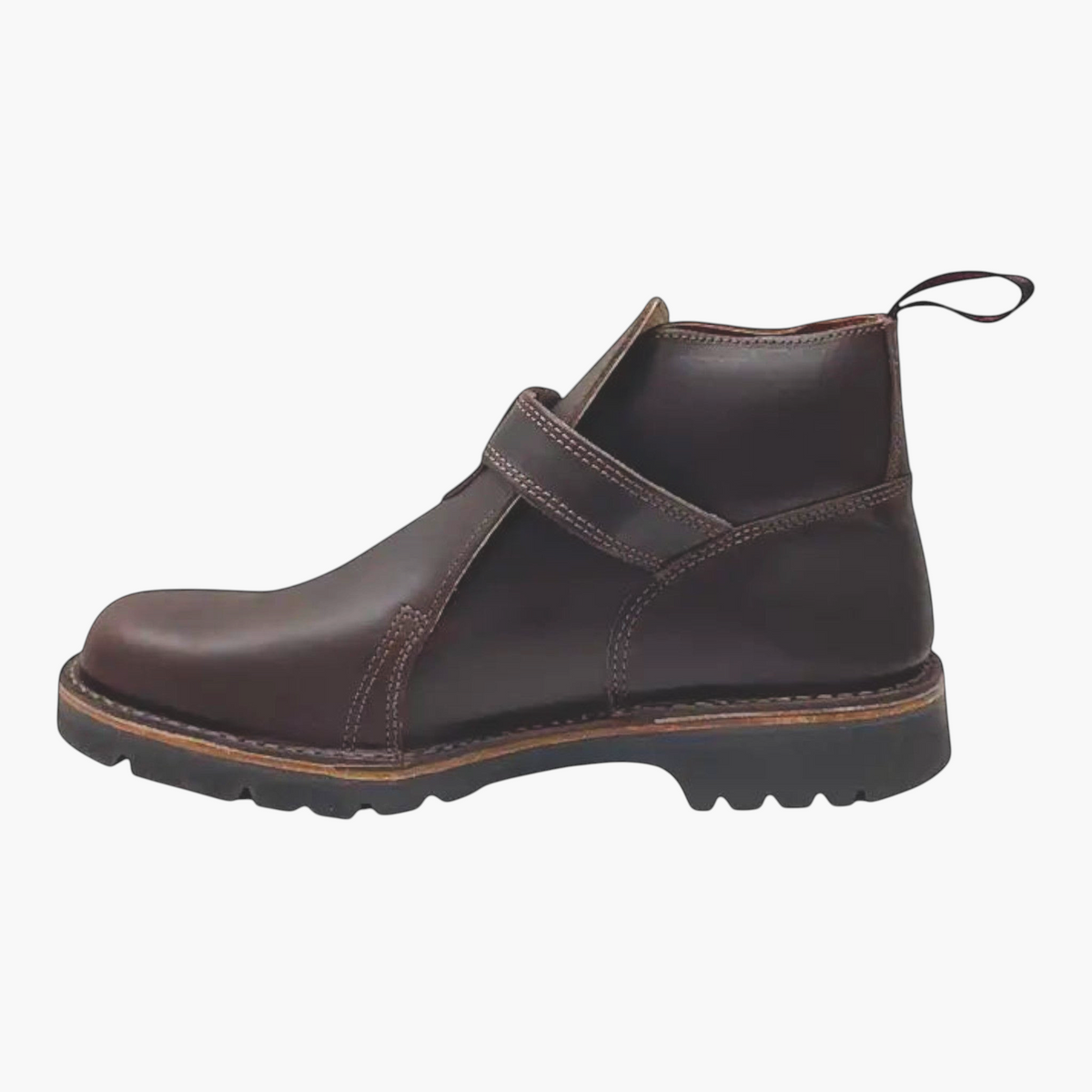 The Shoe Shop Highlander dark brown cowhide stockmans boots with a buckled ankle strap and durable rubber sole.
