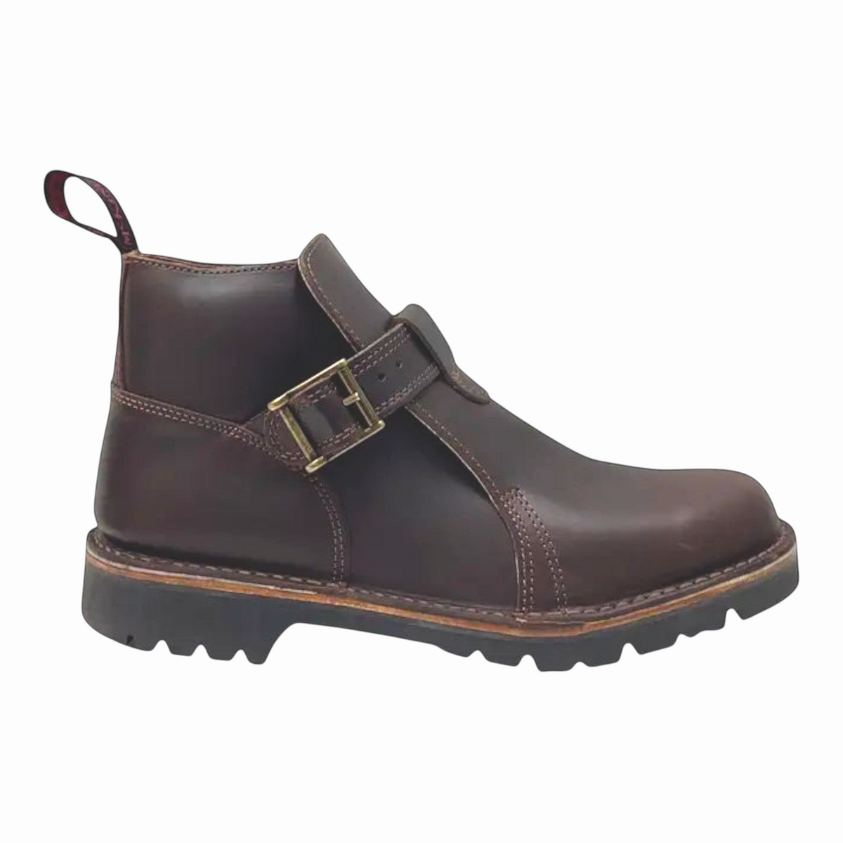 The Shoe Shop Highlander dark brown cowhide leather stockmans boots with a side buckle strap and rugged rubber sole.