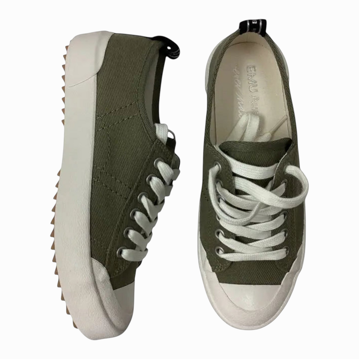 The Shoe Shop Hosier dark olive canvas sneakers with white laces, rubber toe caps, and serrated soles, top view.