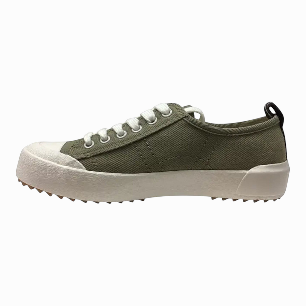 The Shoe Shop Hosier low-top sneaker in dark olive canvas with a white rubber toe cap and serrated sole.