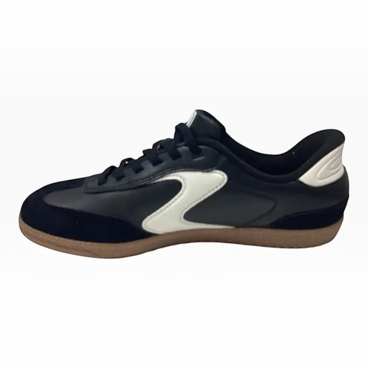 The Shoe Shop Hotshot sneaker in black and white leather with suede overlays and a gum rubber outsole