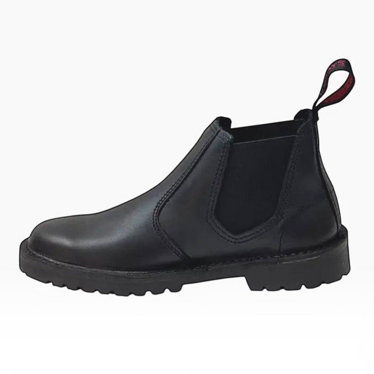 The Shoe Shop Hunter black leather Chelsea boot with elastic side panels, rear pull tab, and a rugged lug sole.