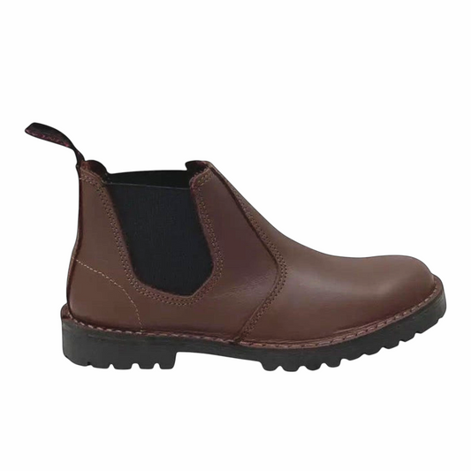 The Shoe Shop Hunter brown leather jodhpur boot with elastic side panels and a rugged black lug sole.