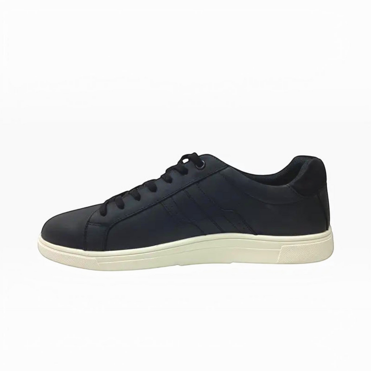 The Shoe Shop Hush Puppies Gravity black leather sneaker with a white rubber sole and side panel detailing.