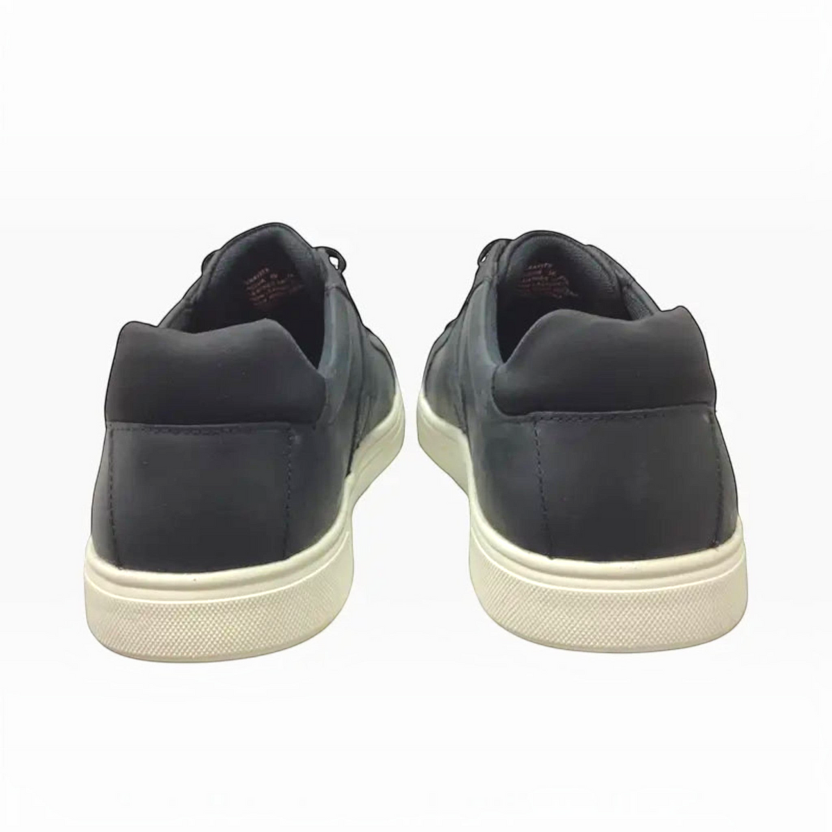 The Shoe Shop Hush Puppies Gravity black leather sneakers showing the back view with white rubber outsoles.