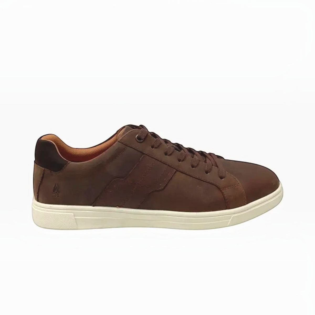 The Shoe Shop Hush Puppies Gravity brown oiled leather sneaker with a white rubber sole and side panel detailing.