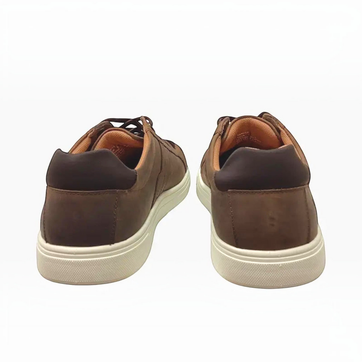 The Shoe Shop Hush Puppies Gravity brown leather casual sneakers with white rubber soles, rear view.