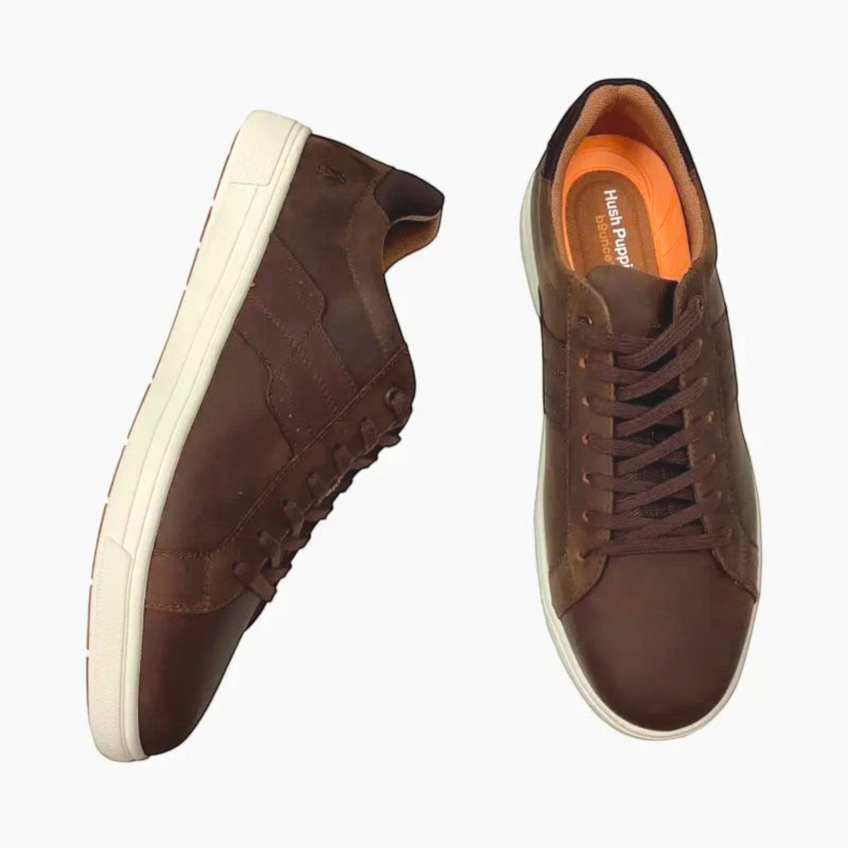The Shoe Shop Hush Puppies Gravity dark brown leather sneakers with white rubber soles and cushioned footbeds