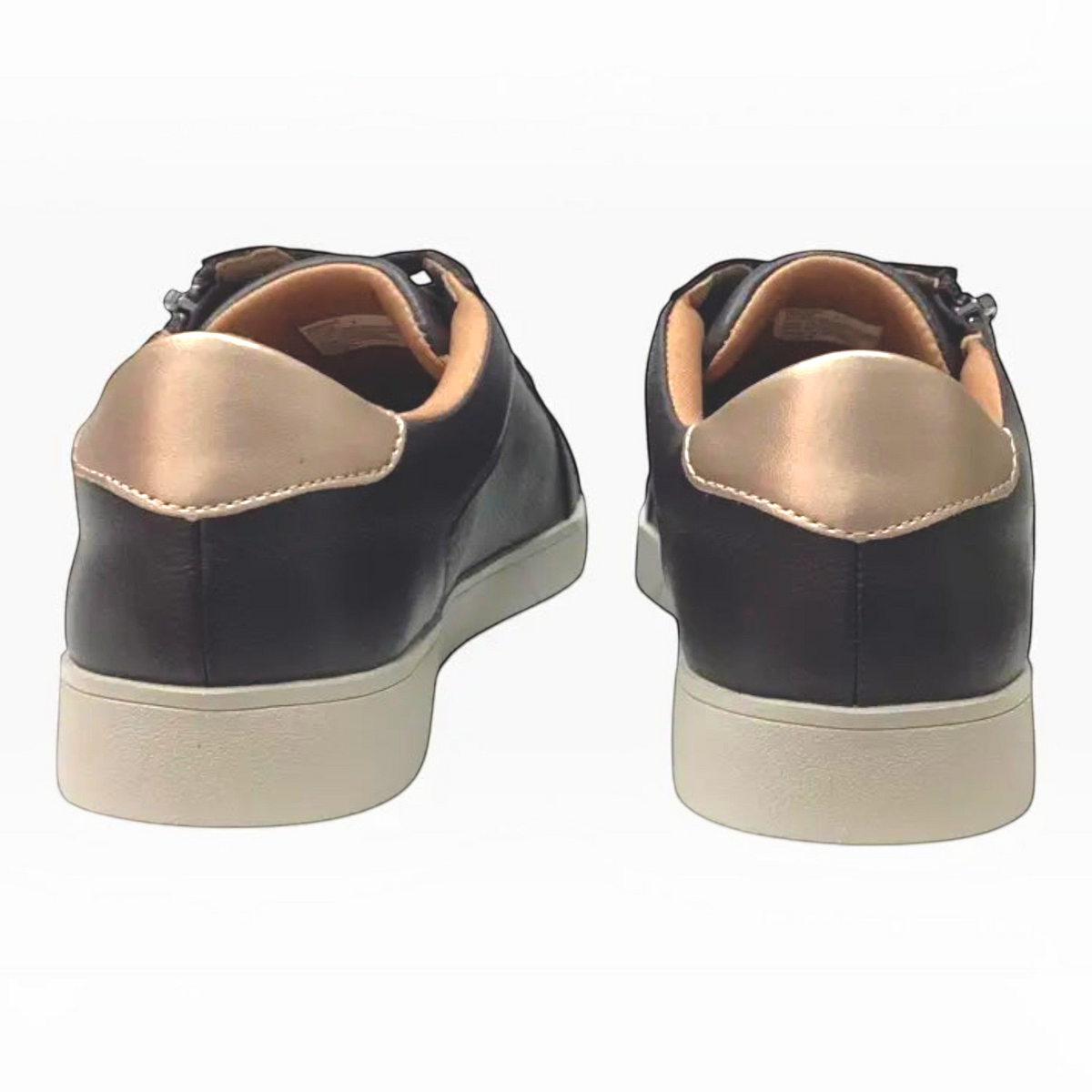 The Shoe Shop Hush Puppies Mimosa black leather sneakers featuring a metallic gunmetal heel detail and white sole.