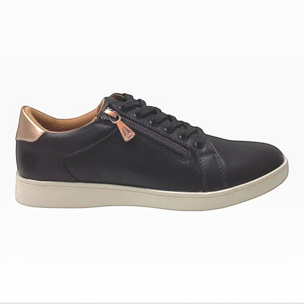 The Shoe Shop Hush Puppies Mimosa black leather sneaker with perforated side panel, side zip, and gunmetal heel detail.