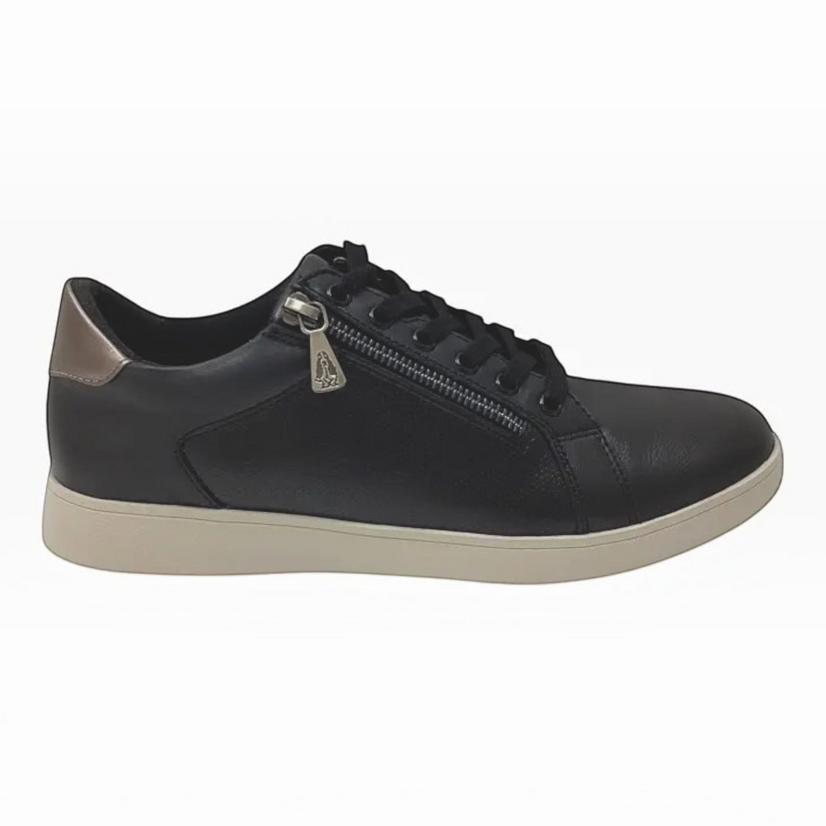 The Shoe Shop Hush Puppies Mimosa black leather sneaker with side zip, perforated panel, and gunmetal heel detail.