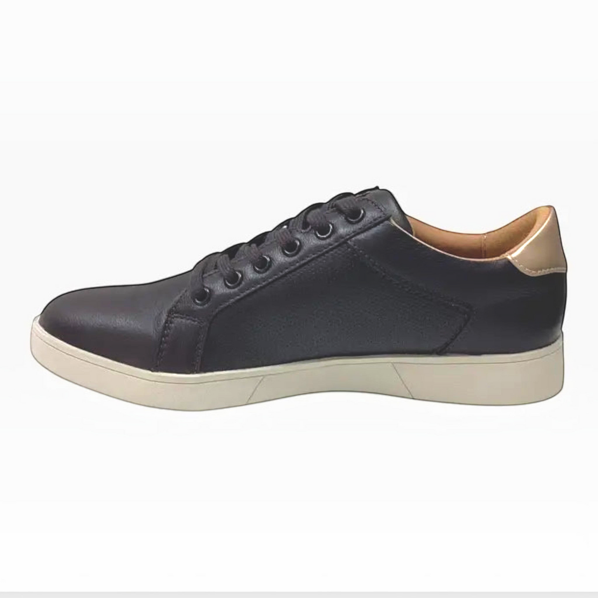 The Shoe Shop Hush Puppies Mimosa black leather sneaker with perforated side panel and gunmetal heel detail.