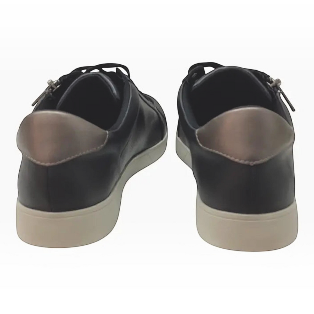 The Shoe Shop Hush Puppies Mimosa black leather sneakers featuring a gunmetal heel detail and white rubber soles