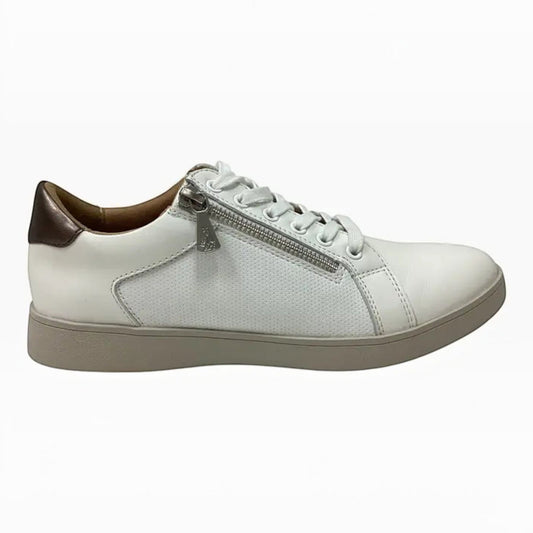 The Shoe Shop Hush Puppies Mimosa white leather sneaker with side zip, perforated panel, and metallic heel detail.