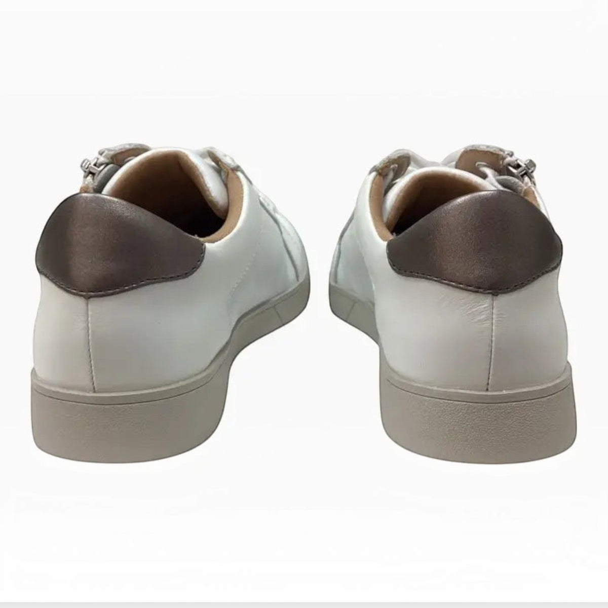 The Shoe Shop Hush Puppies Mimosa white leather sneakers showing the back view with metallic heel detail