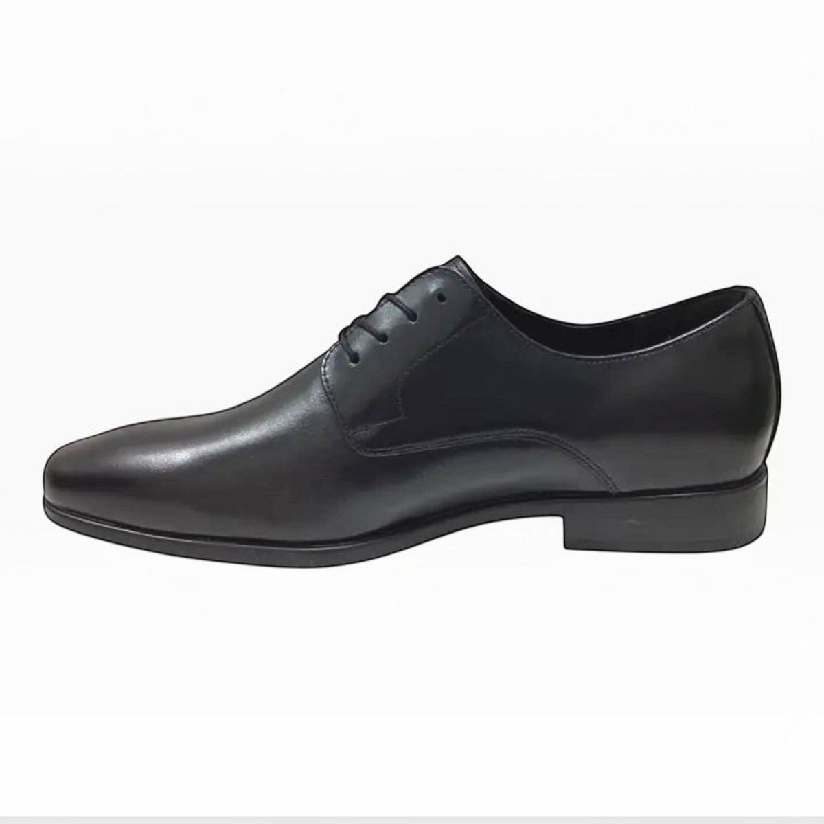 The Shoe Shop Hush Puppies Nero men's black smooth leather lace-up dress shoe with a side profile view.