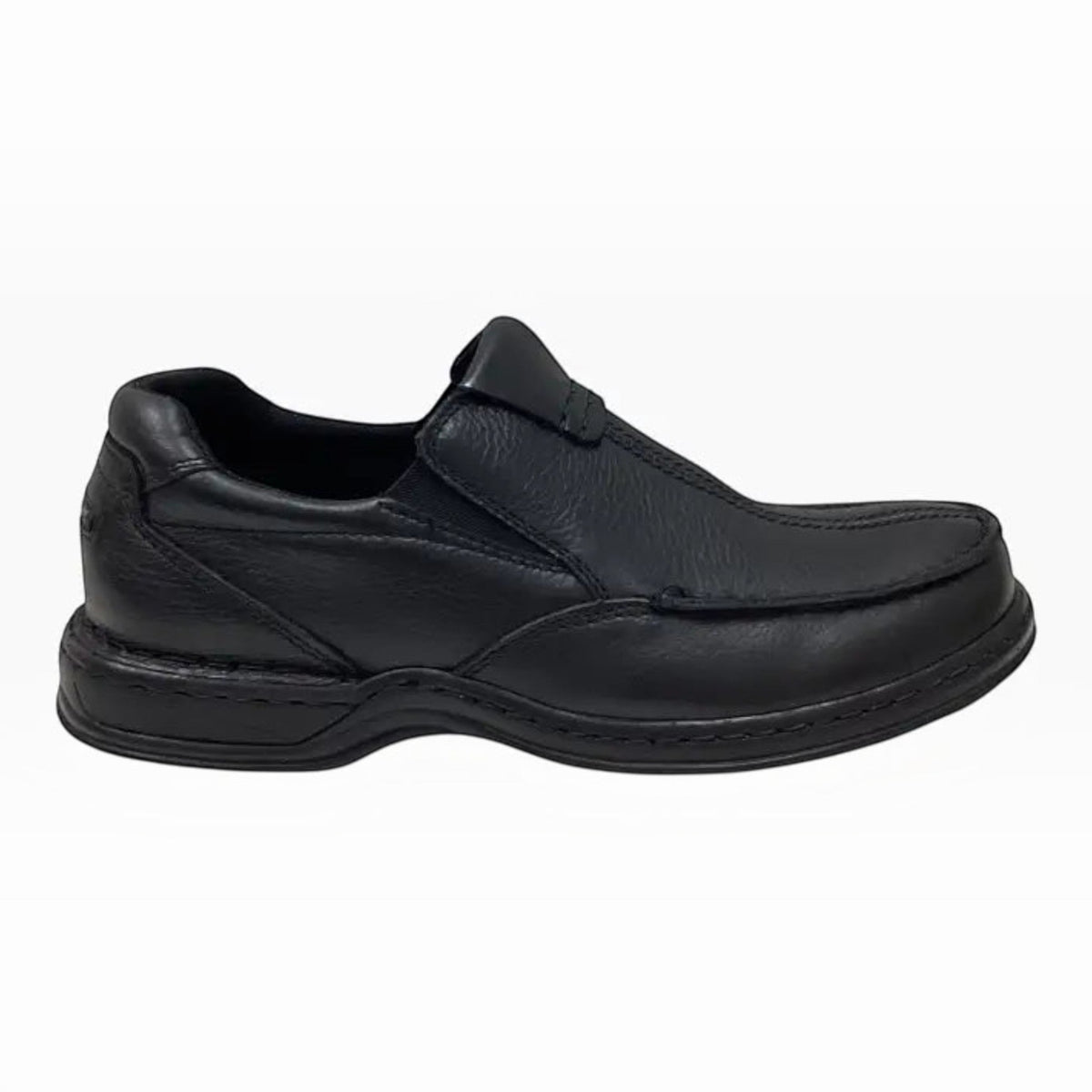 The Shoe Shop Hush Puppies Sawyer II black tumbled leather slip-on boat shoe with cushioned orthotic-friendly design.