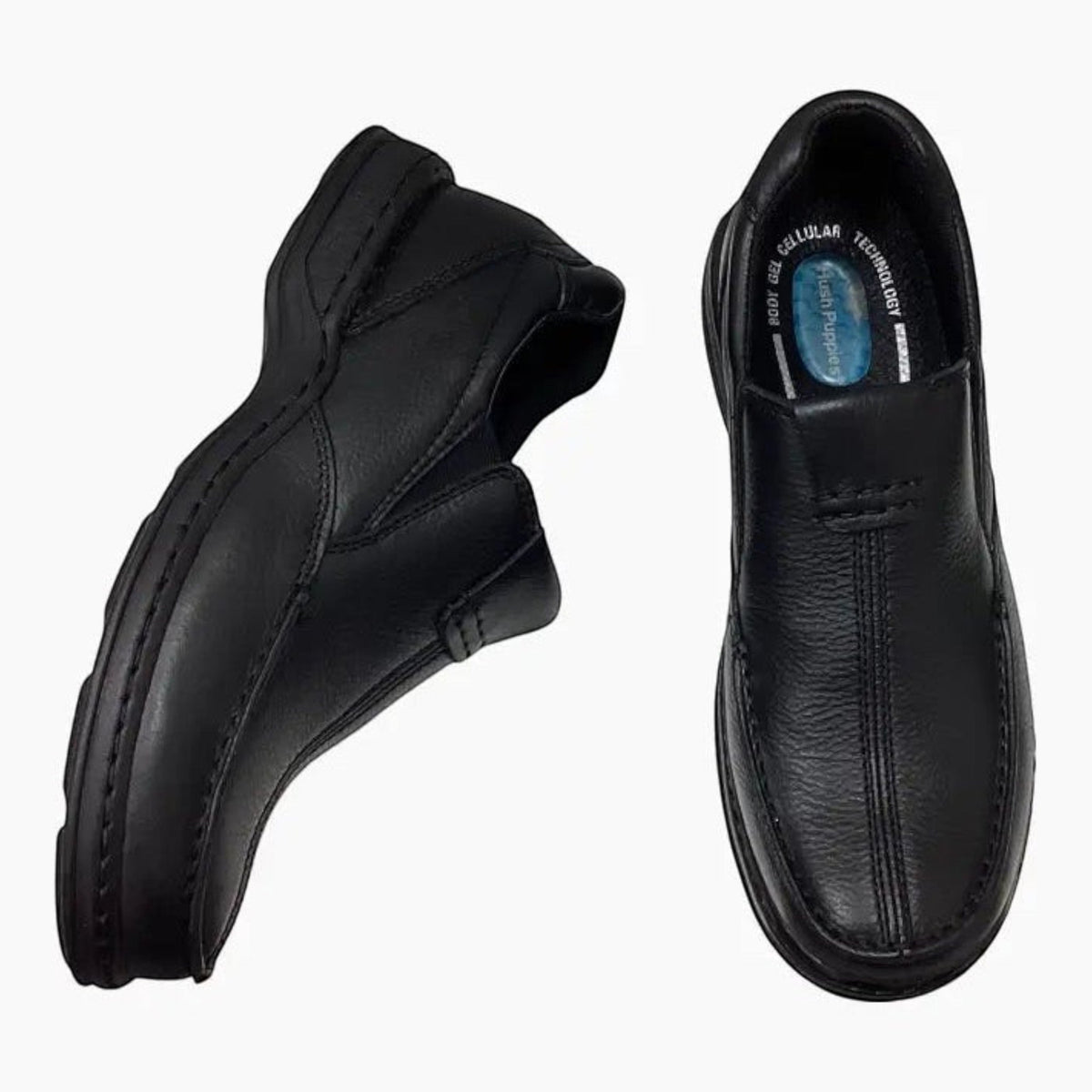 The Shoe Shop Hush Puppies Sawyer II black leather boat-style shoes with orthotic-friendly design and cushioned sole