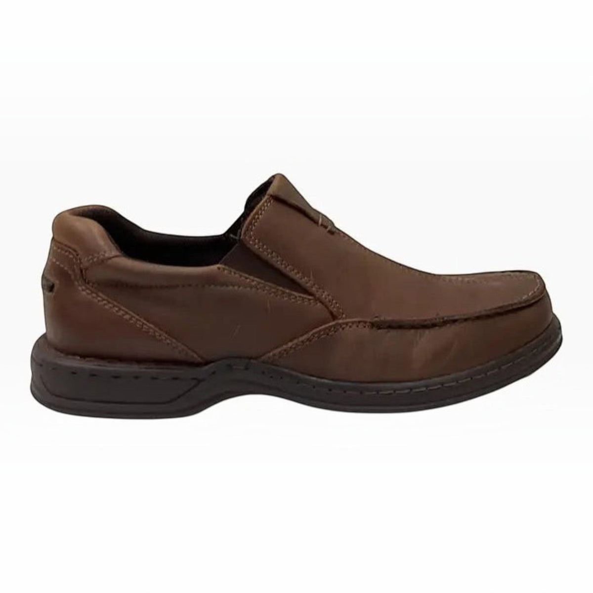 The Shoe Shop Hush Puppies Sawyer II brown tumbled leather boat-style walker shoe with a comfortable orthotic design.