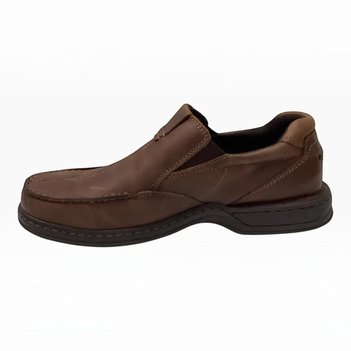 The Shoe Shop Hush Puppies Sawyer II brown leather slip-on boat shoe with orthotic-friendly design and wide fit