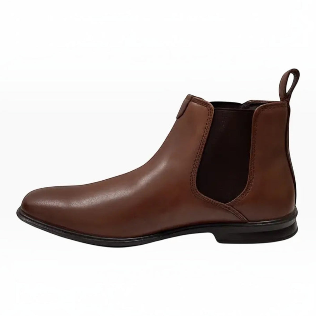 The Shoe Shop Hush Puppies tan burnished leather Chelsea boot with elastic side gussets and a rear pull tab.