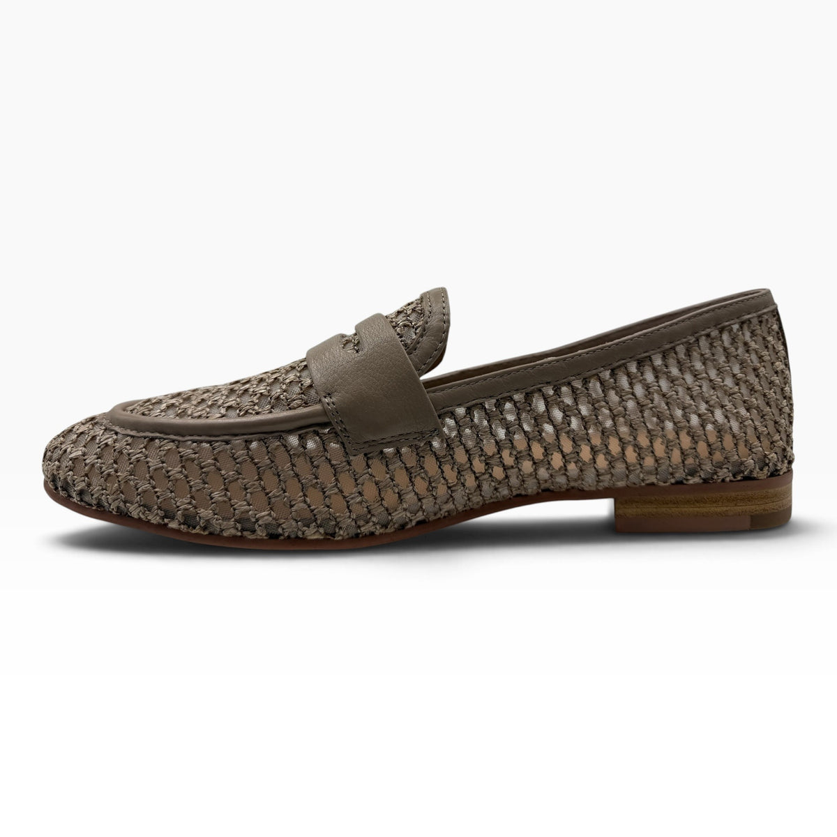 The Shoe Shop Irasy taupe woven leather loafer with a classic slip-on design and low stacked heel