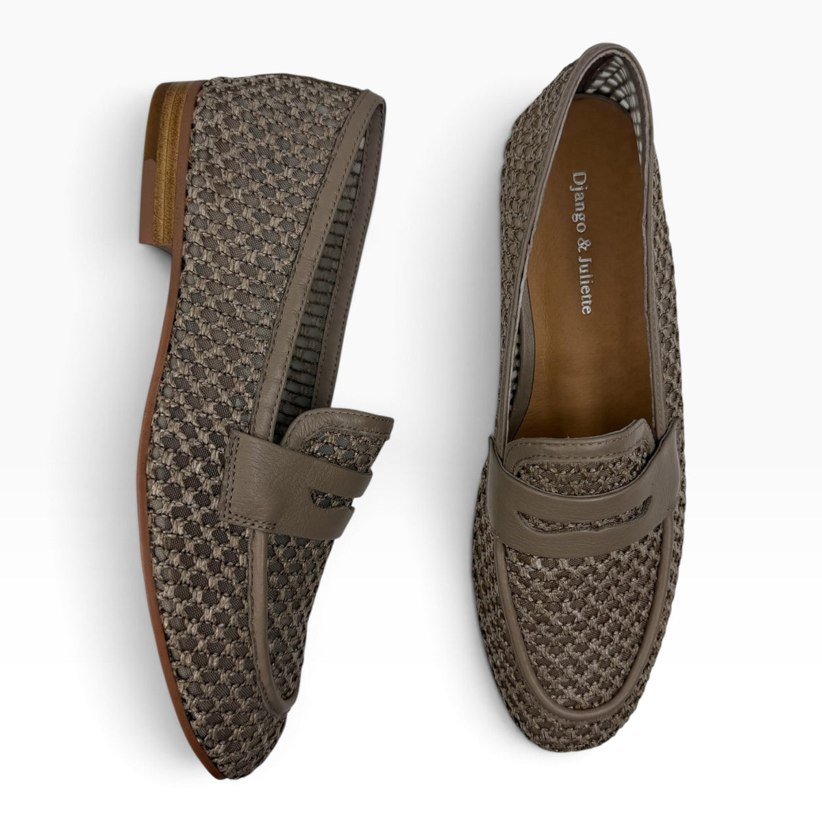 The Shoe Shop Irasy loafers in taupe woven leather with a classic penny strap and low stacked heel