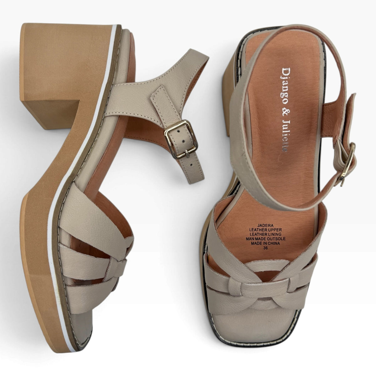 The Shoe Shop Jadera sandals in beige leather with a block heel, ankle strap, and cutout design, top-down view.