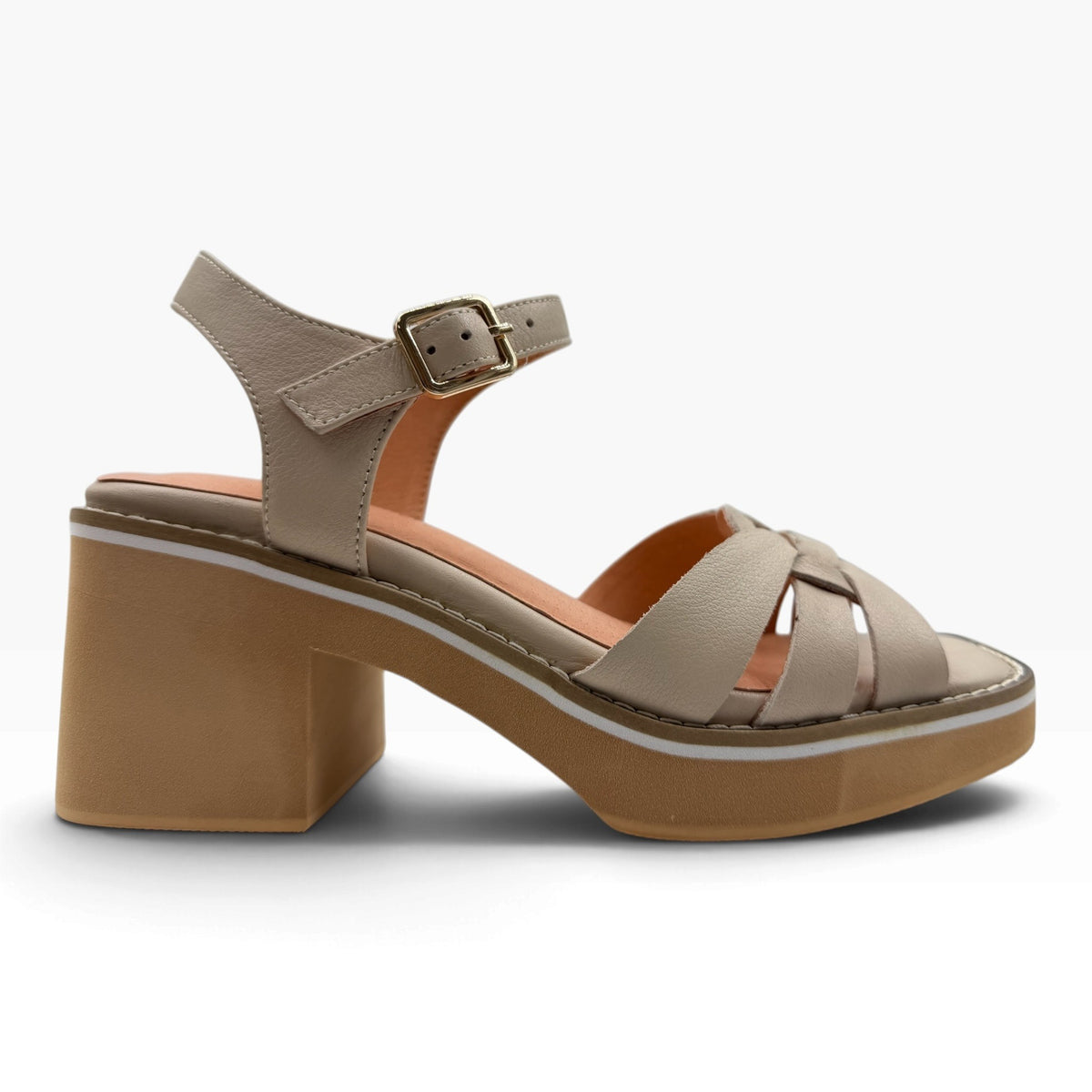 The Shoe Shop Jadera beige leather block heel sandal with an adjustable ankle strap and platform sole