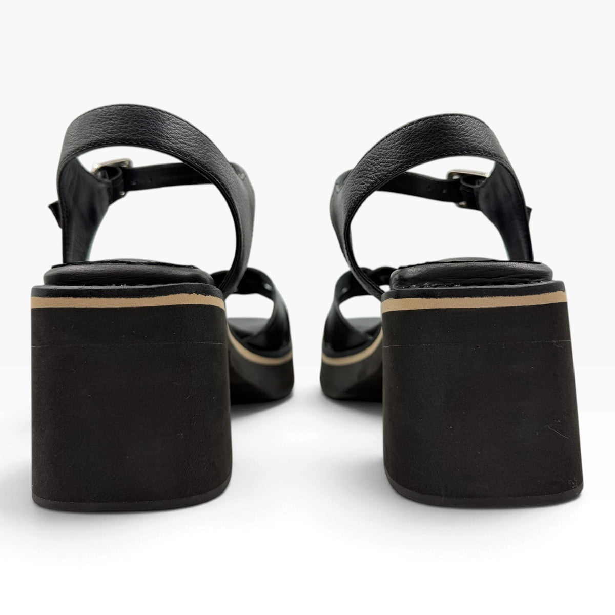 The Shoe Shop Jadera black leather block heel sandals with ankle straps and a contrasting beige midsole stripe
