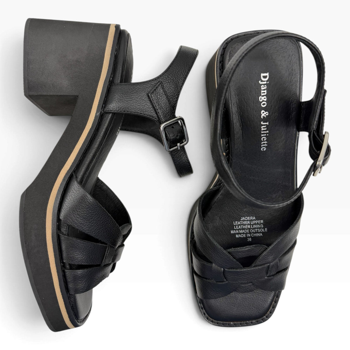 The Shoe Shop Jadera black leather block heel sandals with ankle strap and square toe design