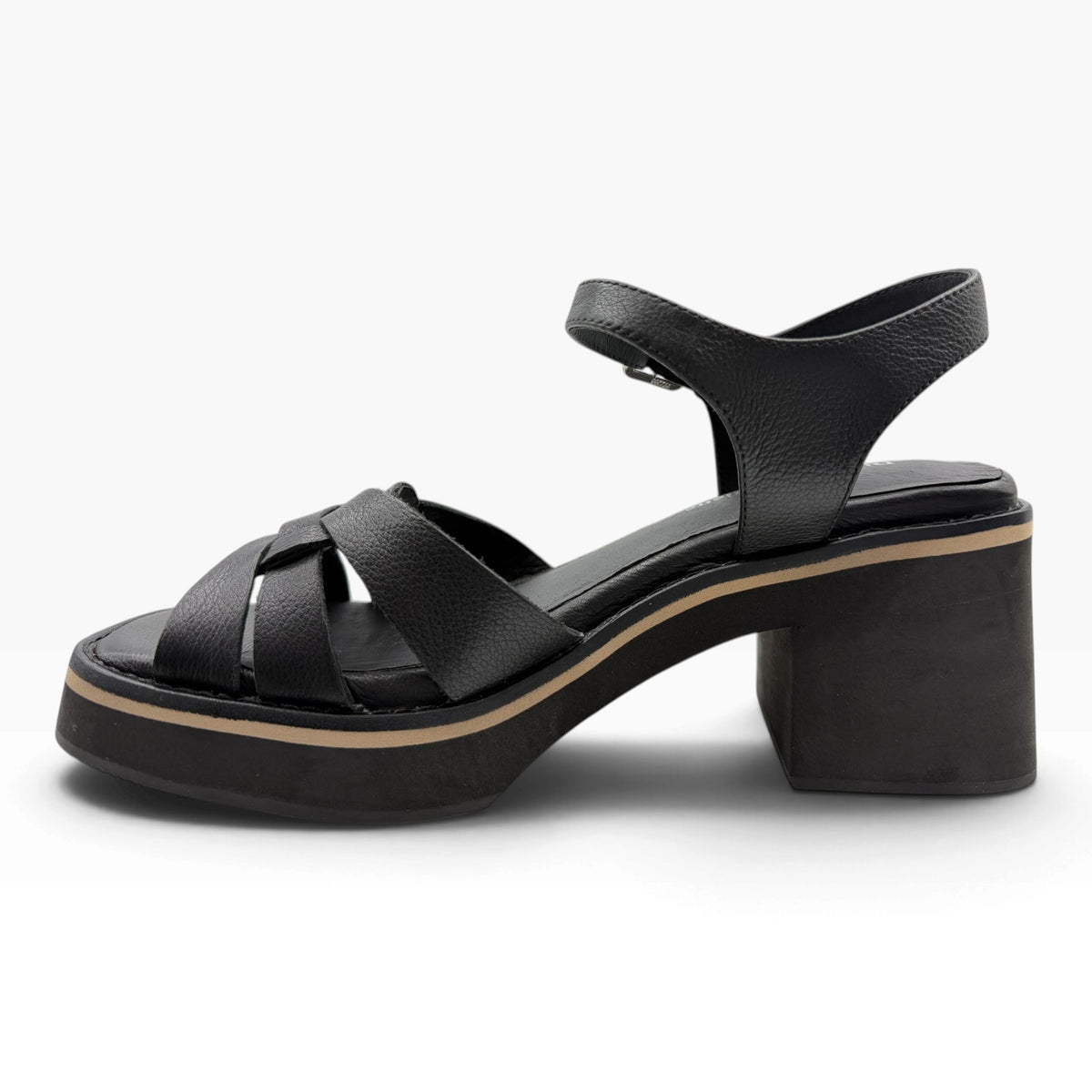 The Shoe Shop Jadera black leather platform sandal with a block heel and crisscross strap design
