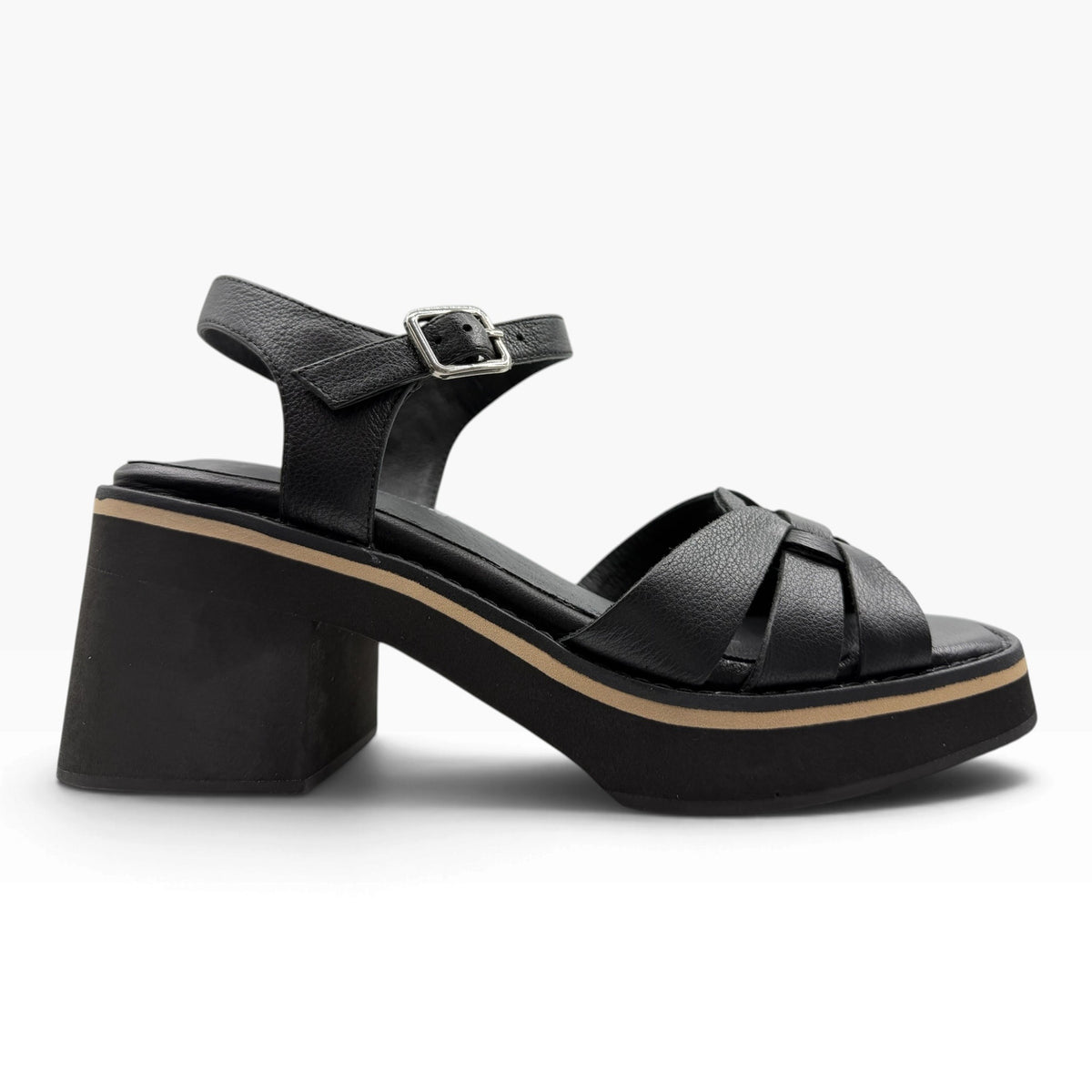 The Shoe Shop Jadera black leather platform sandal with a block heel and adjustable ankle strap
