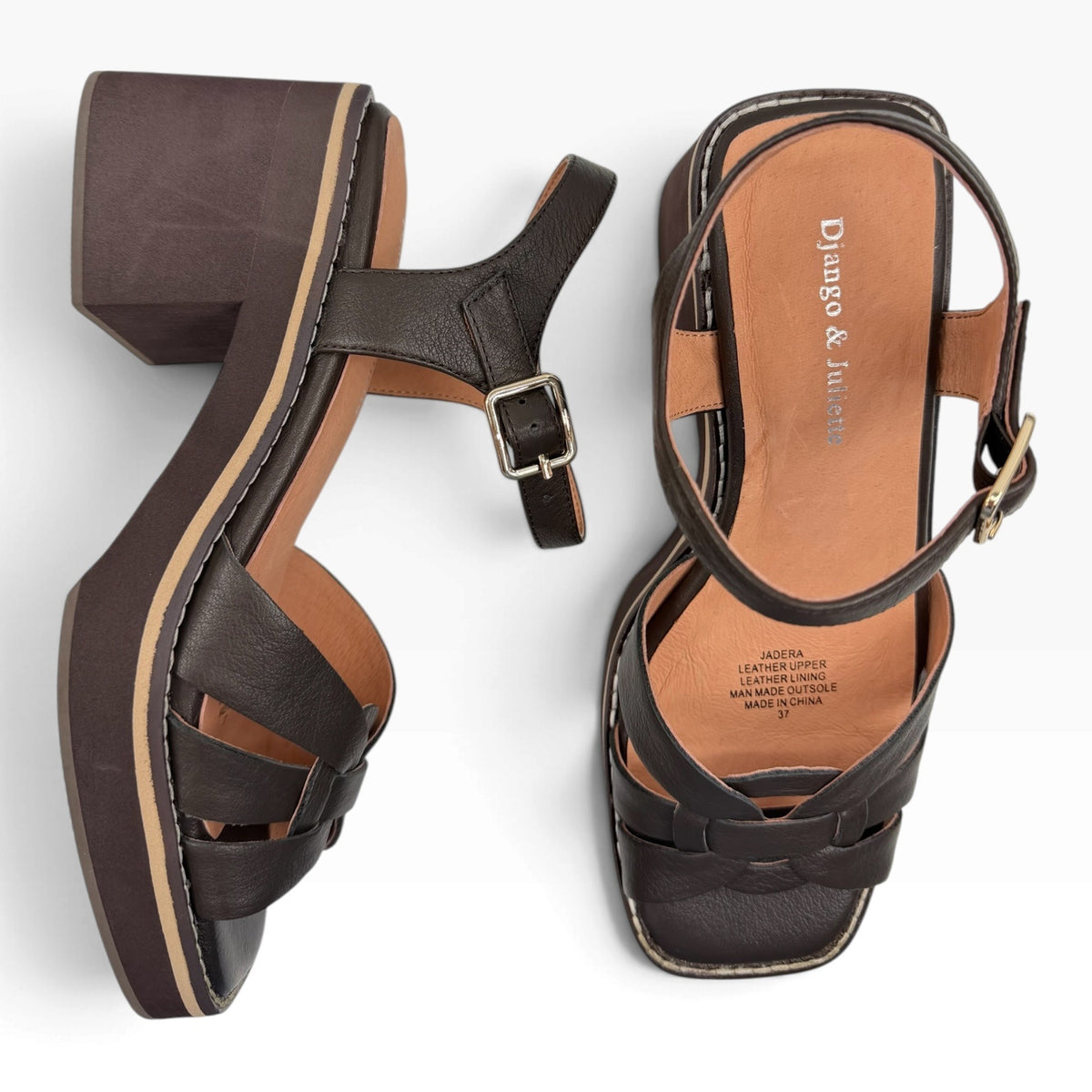 The Shoe Shop Jadera dark brown leather block heel sandals with ankle strap and buckle closure