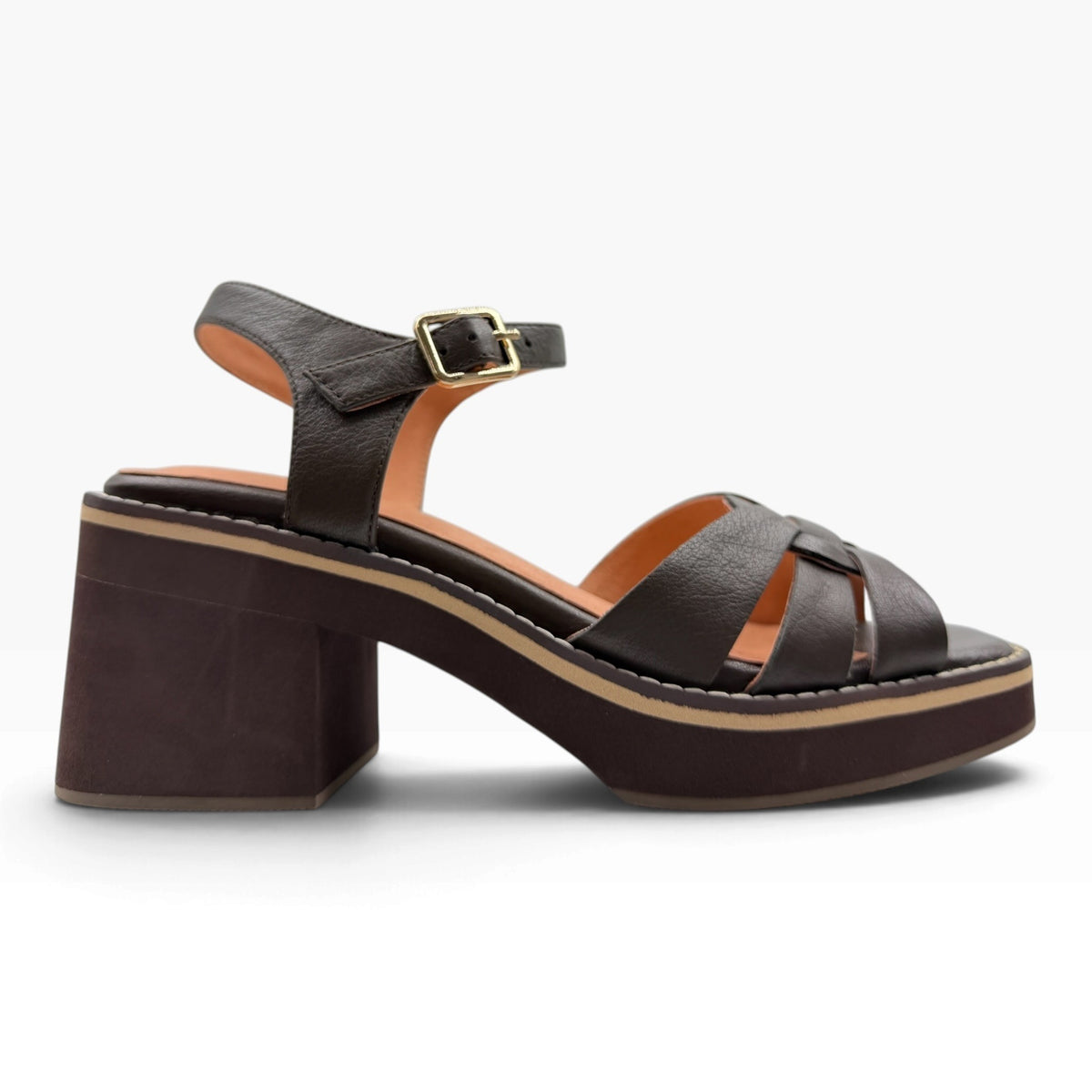 The Shoe Shop Jadera dark brown leather platform sandals with a block heel and adjustable ankle strap