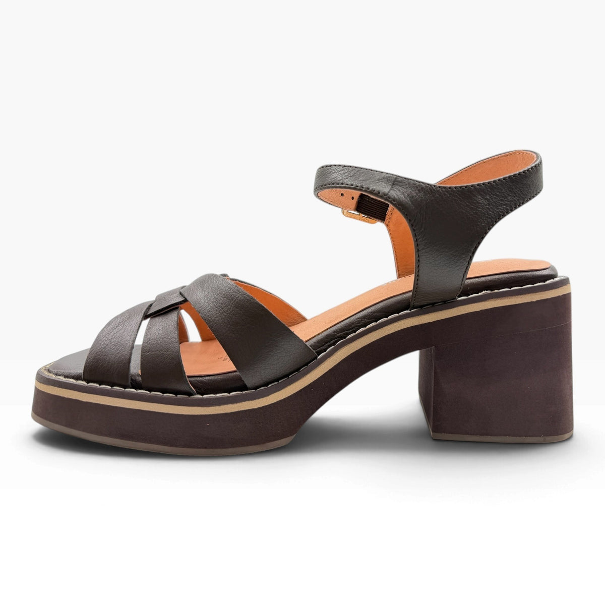 The Shoe Shop Jadera dark brown leather platform sandals with a block heel and ankle strap