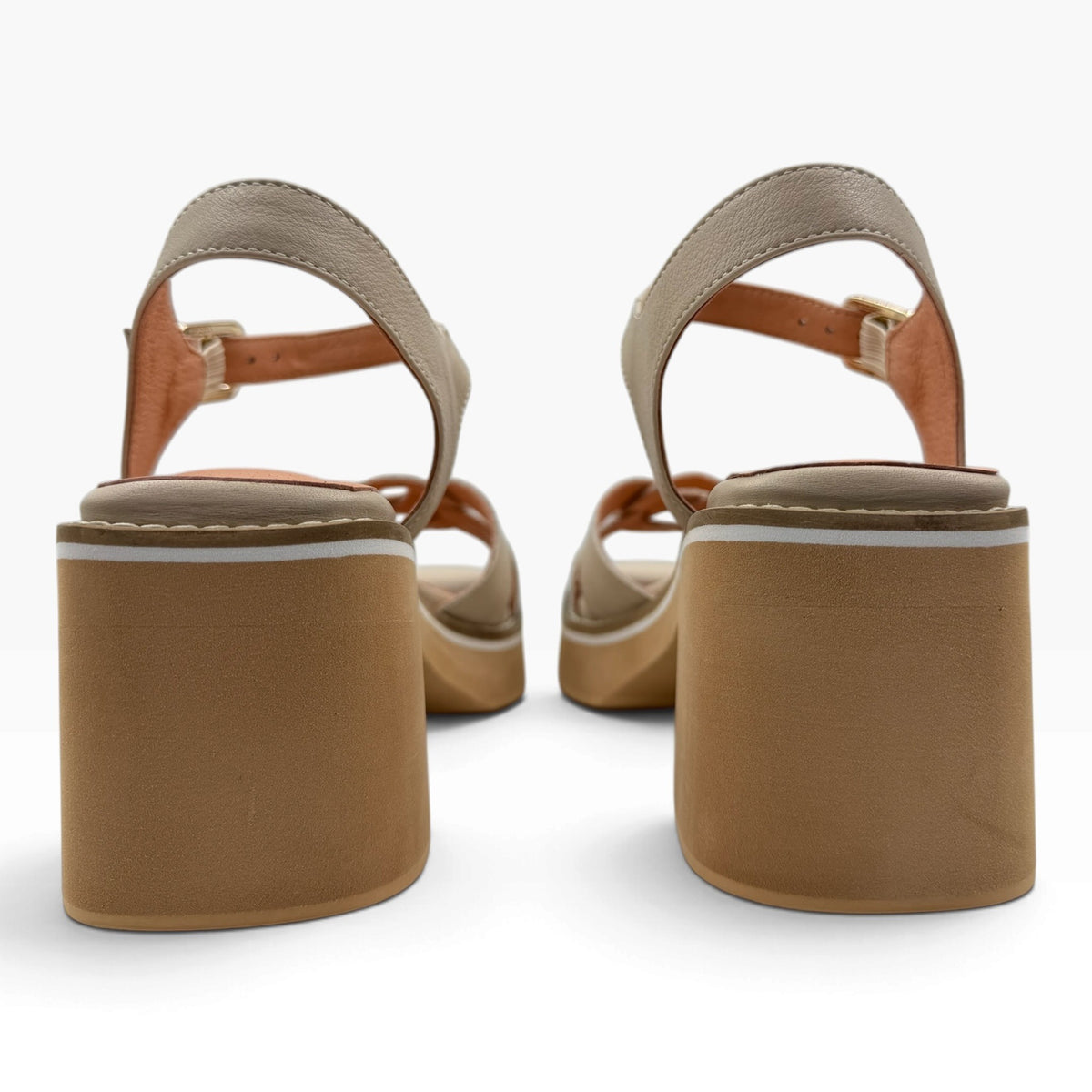 The Shoe Shop Jadera S beige leather platform sandals with a chunky block heel and adjustable ankle strap
