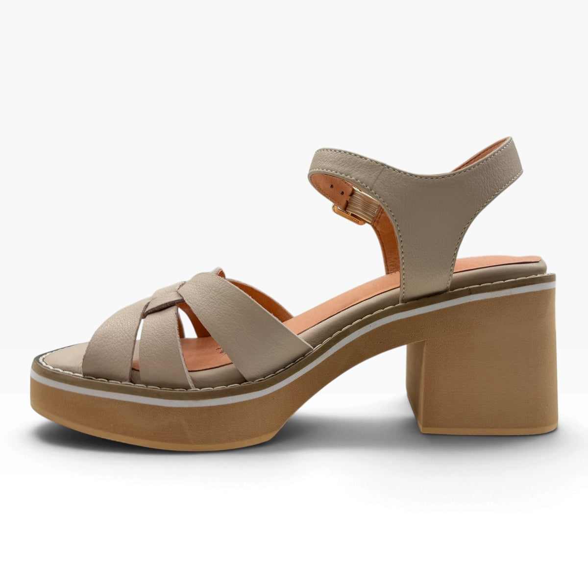 The Shoe Shop Jadera Sanda beige leather platform sandal with a block heel and adjustable ankle strap