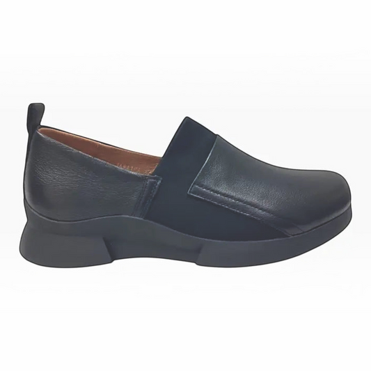 The Shoe Shop Jamaica slip-on shoe in black leather and fabric with a cushioned sole and elasticated side gussets.