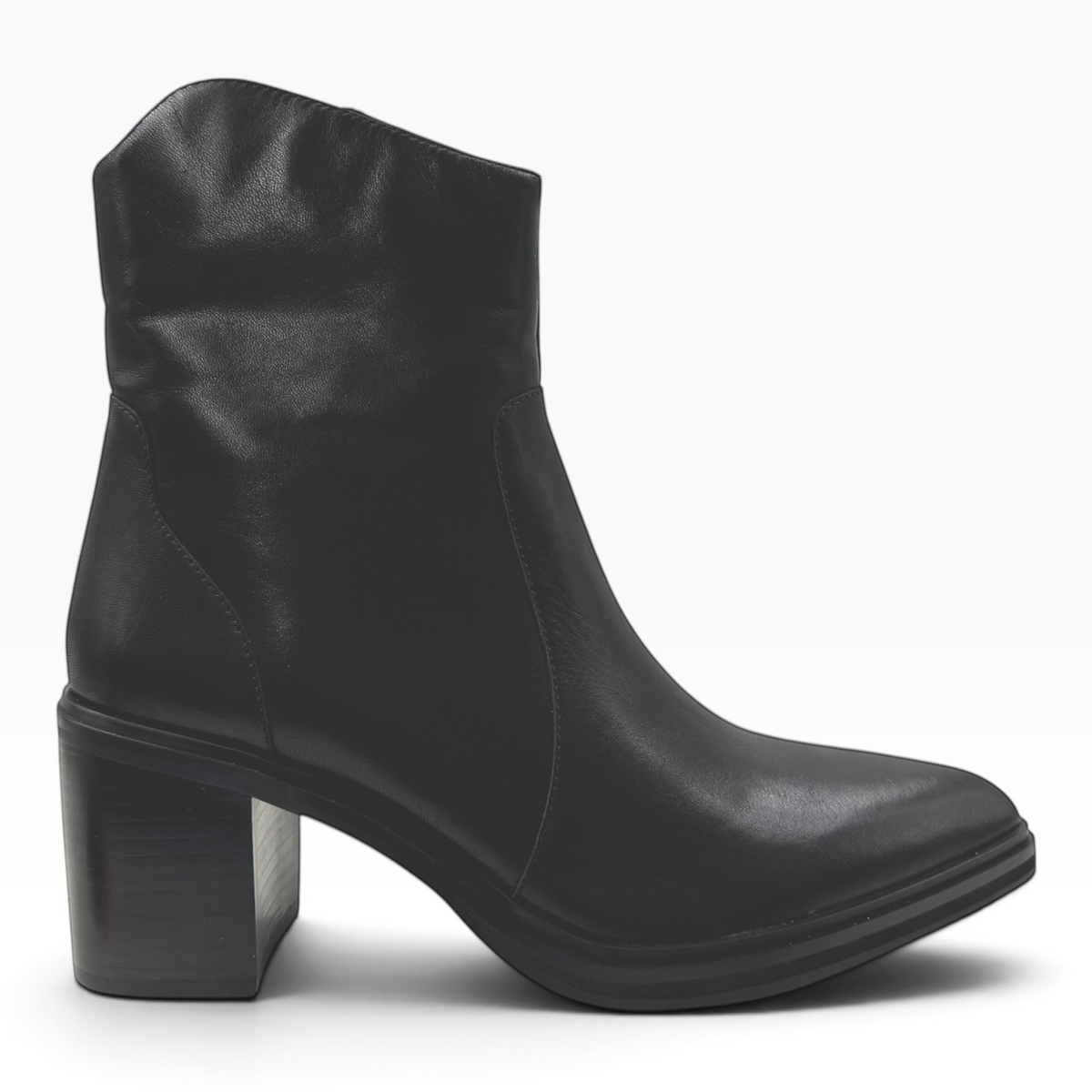 The Shoe Shop Janice black leather Western-inspired ankle boot with a pointed toe and 70mm block heel.