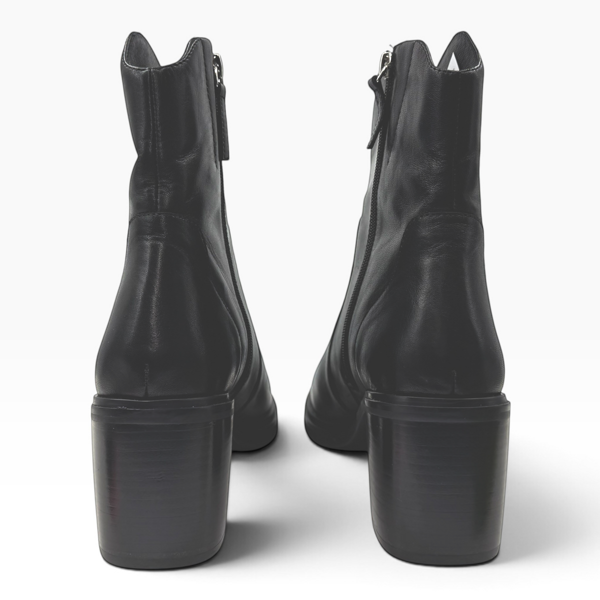 The Shoe Shop Janice black leather Western-inspired ankle boots with a 70mm block heel and back view