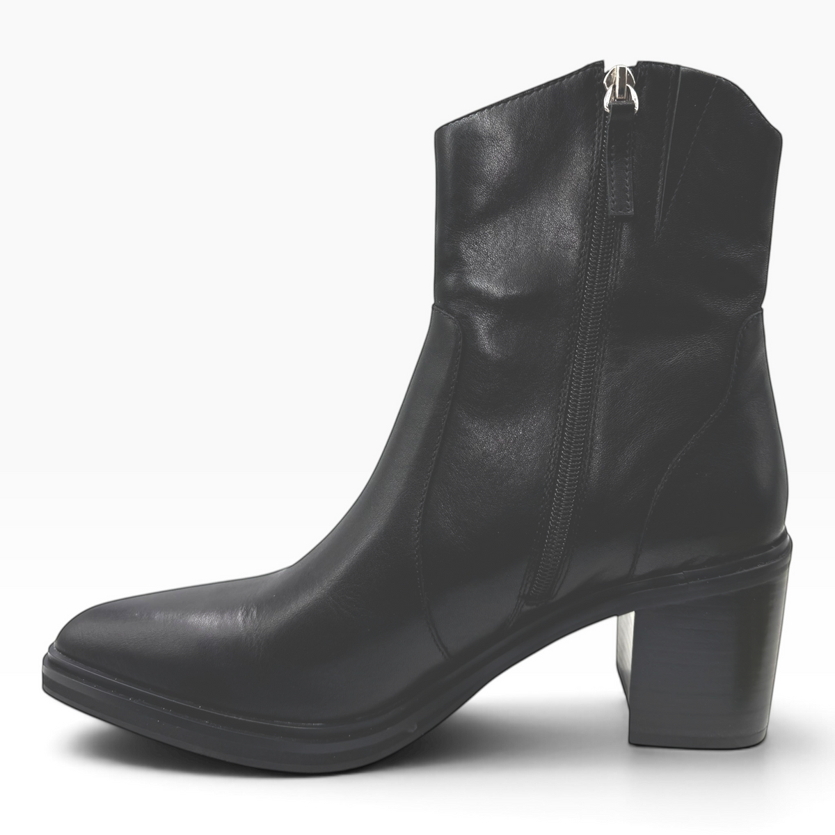 The Shoe Shop Janice black leather Western-inspired ankle boot with a pointed toe and 70mm block heel, side view.
