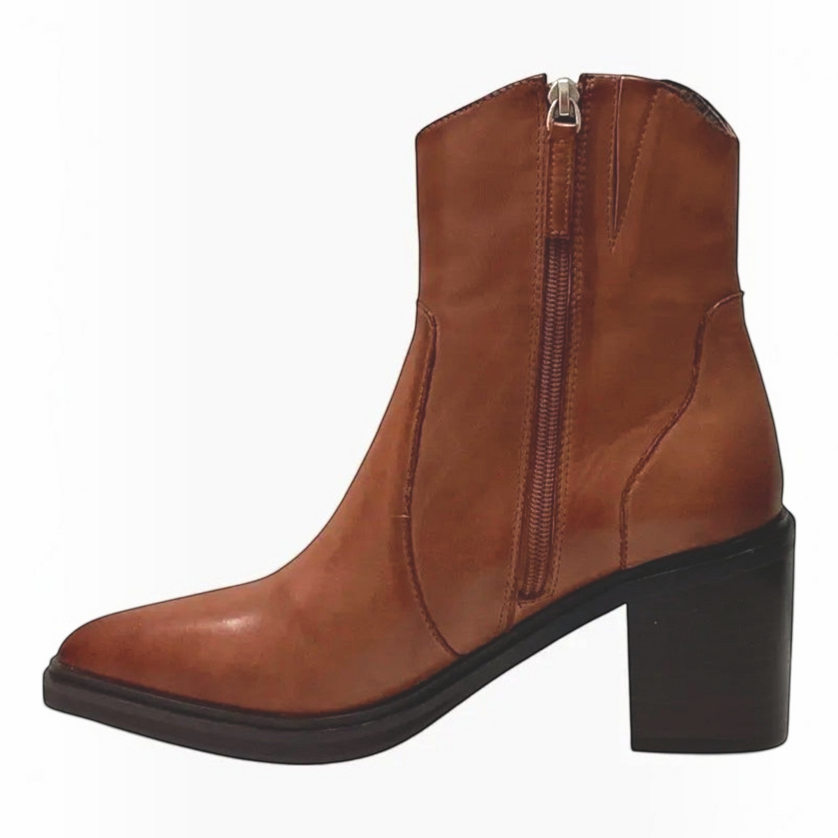 The Shoe Shop Janice brown leather Western-inspired ankle boots with a pointed toe and 70mm block heel